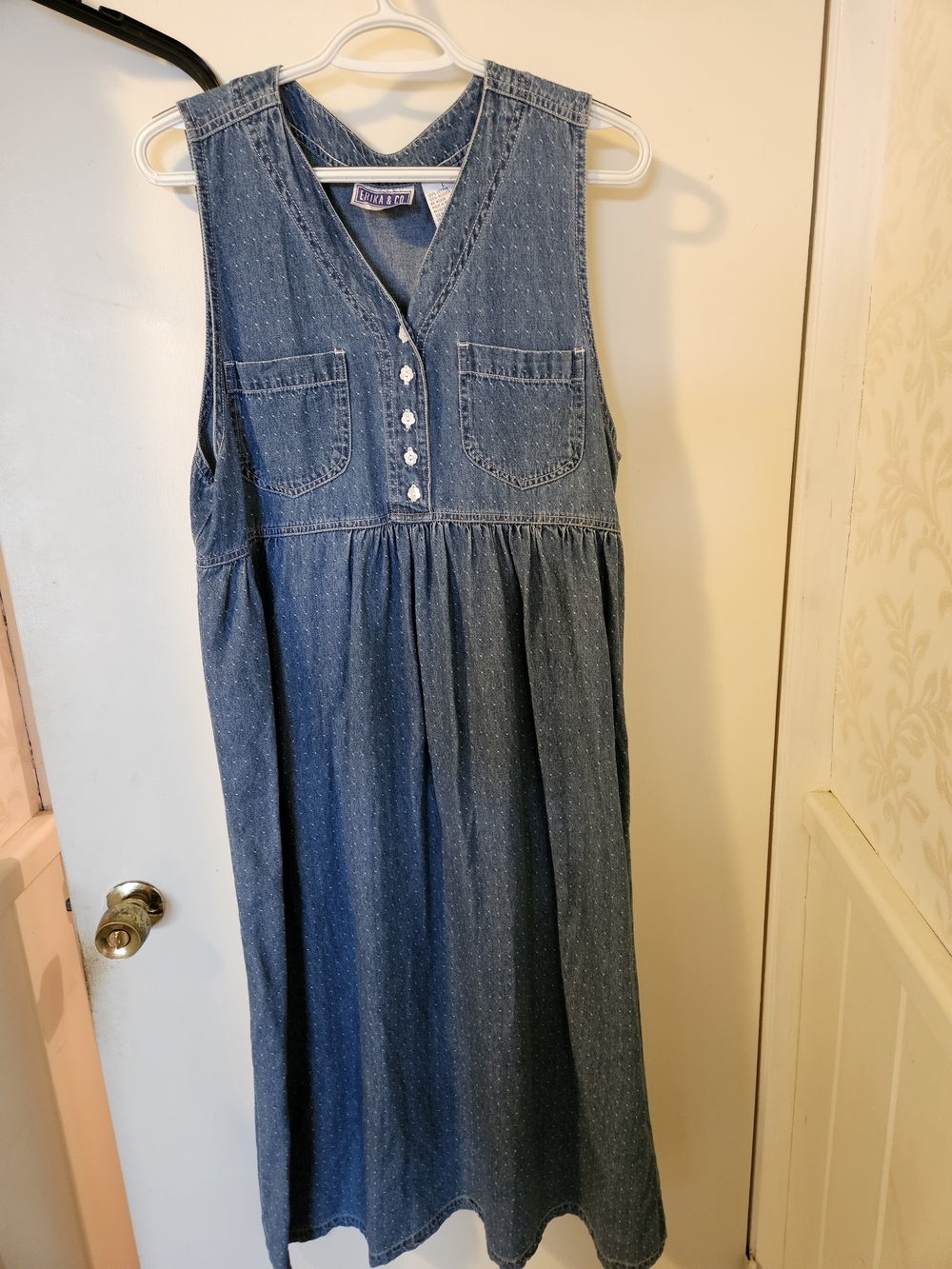Erika & Co Vintage Blue Denim Polka Dot Jumper Dress Cottagecore Maxi